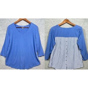 J Jill M Petite Blue 3/4 Sleeve V Neck Knit Top with Striped Button Back